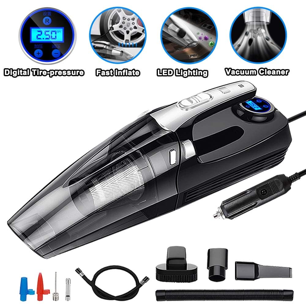 4-in-1 Car Portable Wet/Dry Auto Vacuum Cleaner 12V 120W 4000mPA with Smart Digital Tire Inflator Pump Pressure Gauge LED Light