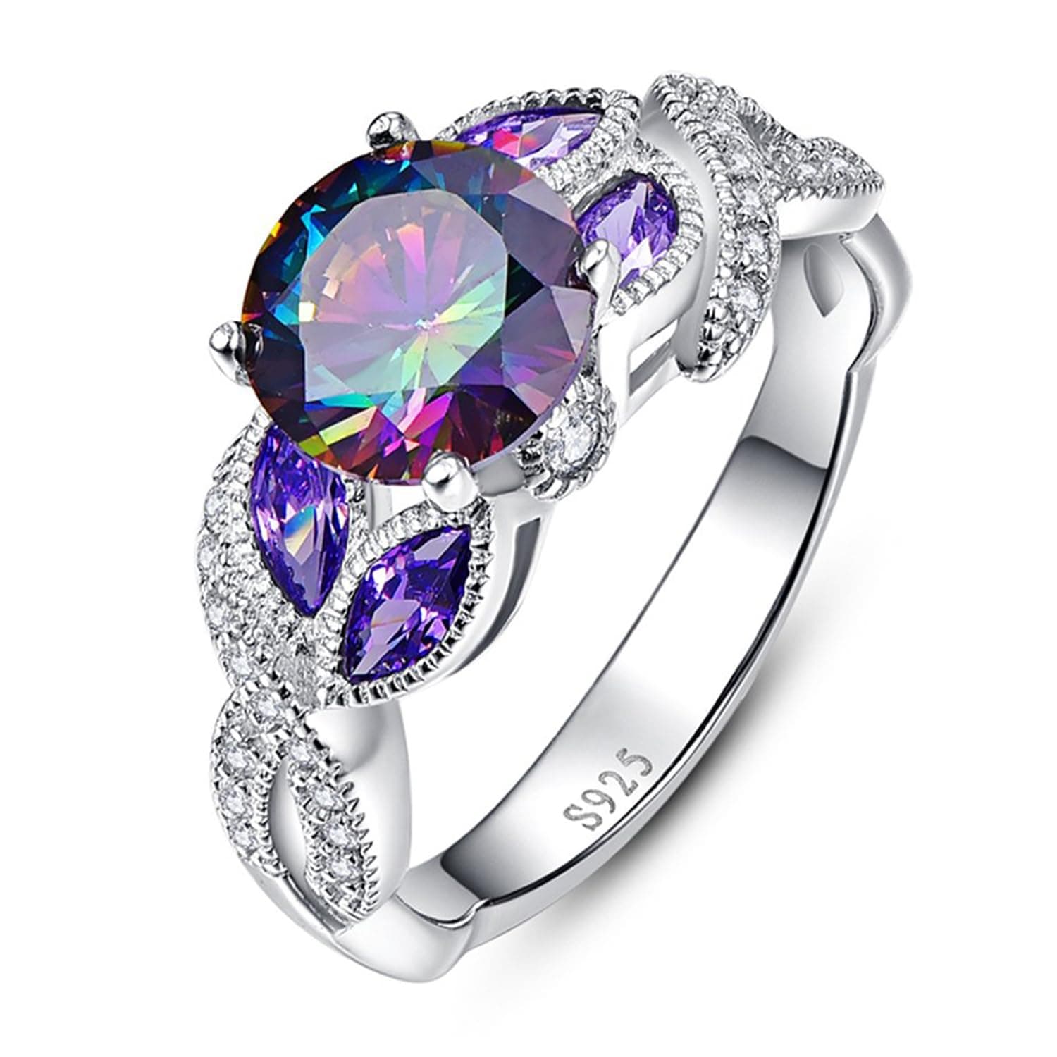 3.6ct Women's Round Created Rainbow Topaz Ring Bezel Setting Marquise Fashion Statement Ring 925 Sterling Silver Engagement Rings for Women Best Gift for Mother and Grandma Size 5-9