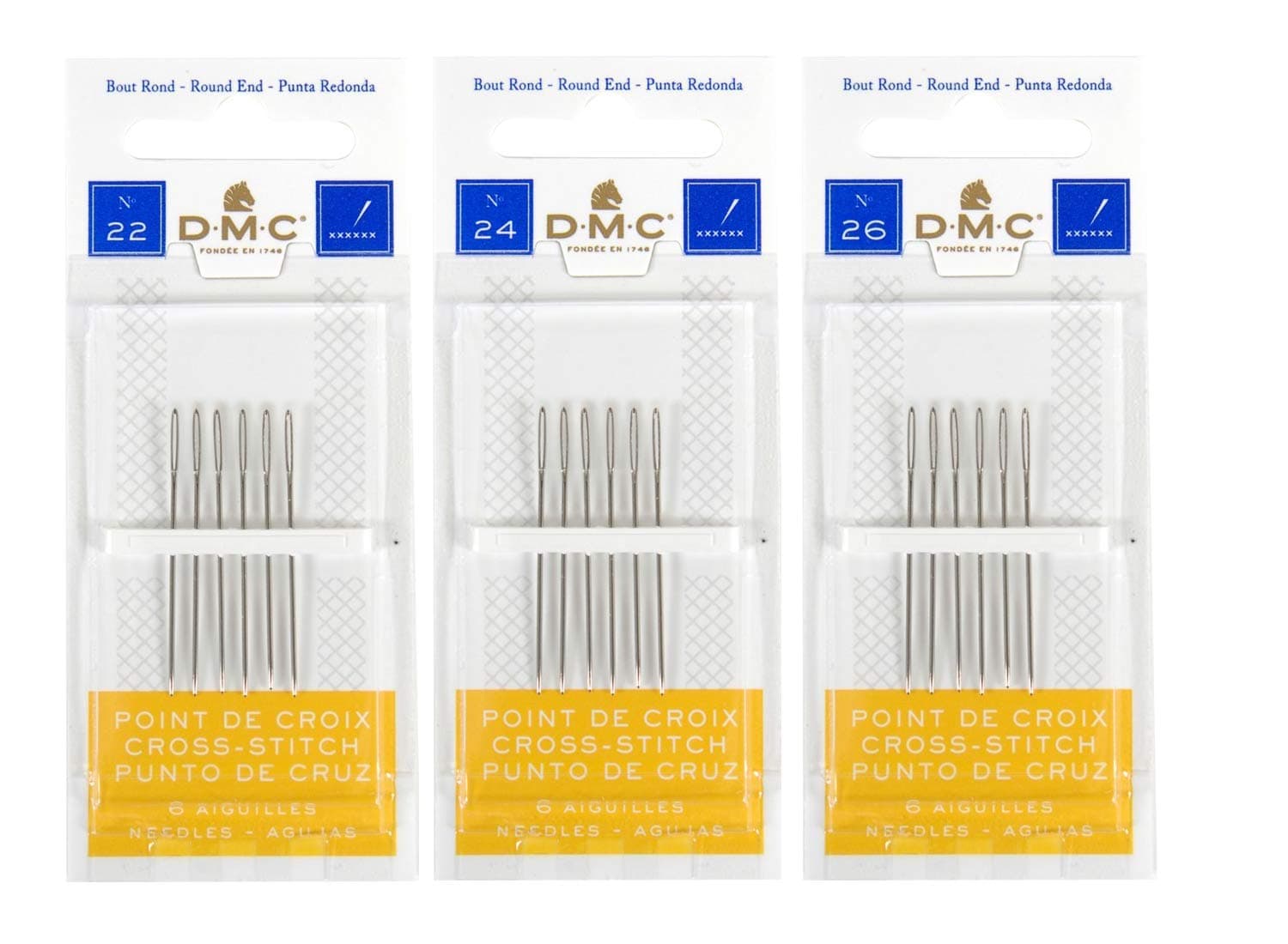 3 Pack Size 22-24-26 (One Pack Each)-Cross Stitch Needles - Total 18 Needles - New Package
