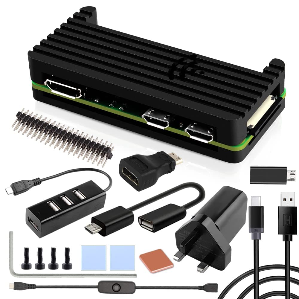 Case Kit for Raspberry Pi Zero 2 W/Zero W,with Zero 2 W Aluminum Passive Cooling Case,QC3.0 Quick Charger Power Supply,Heatsink,20Pin GPIO Header,4 Port USB Hub,ON/Off Switch Cable (Black)