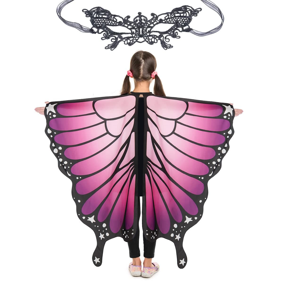 MAGIFIRE Butterfly Wings with Eye Masks for Girls, Halloween Costume, Fairy Shawl Cape, Ages 3-15 (One Size 43.3" x 53")