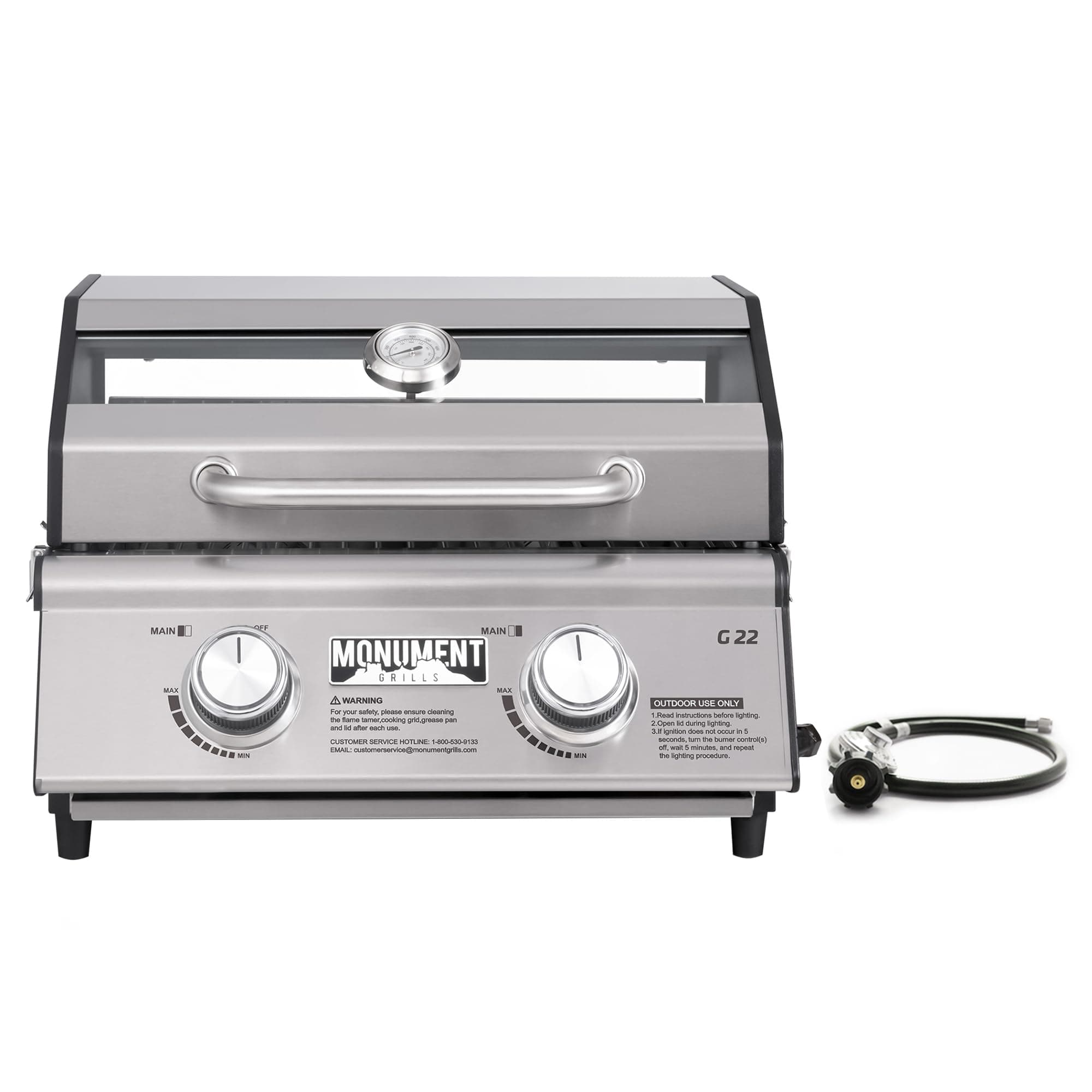 Monument Grills Clearview 2-Burner Tabletop Propane Gas Grill for Outdoor Portable Camping Cooking with Travel Locks, Stainless Steel High Lid, and Built in Thermometer