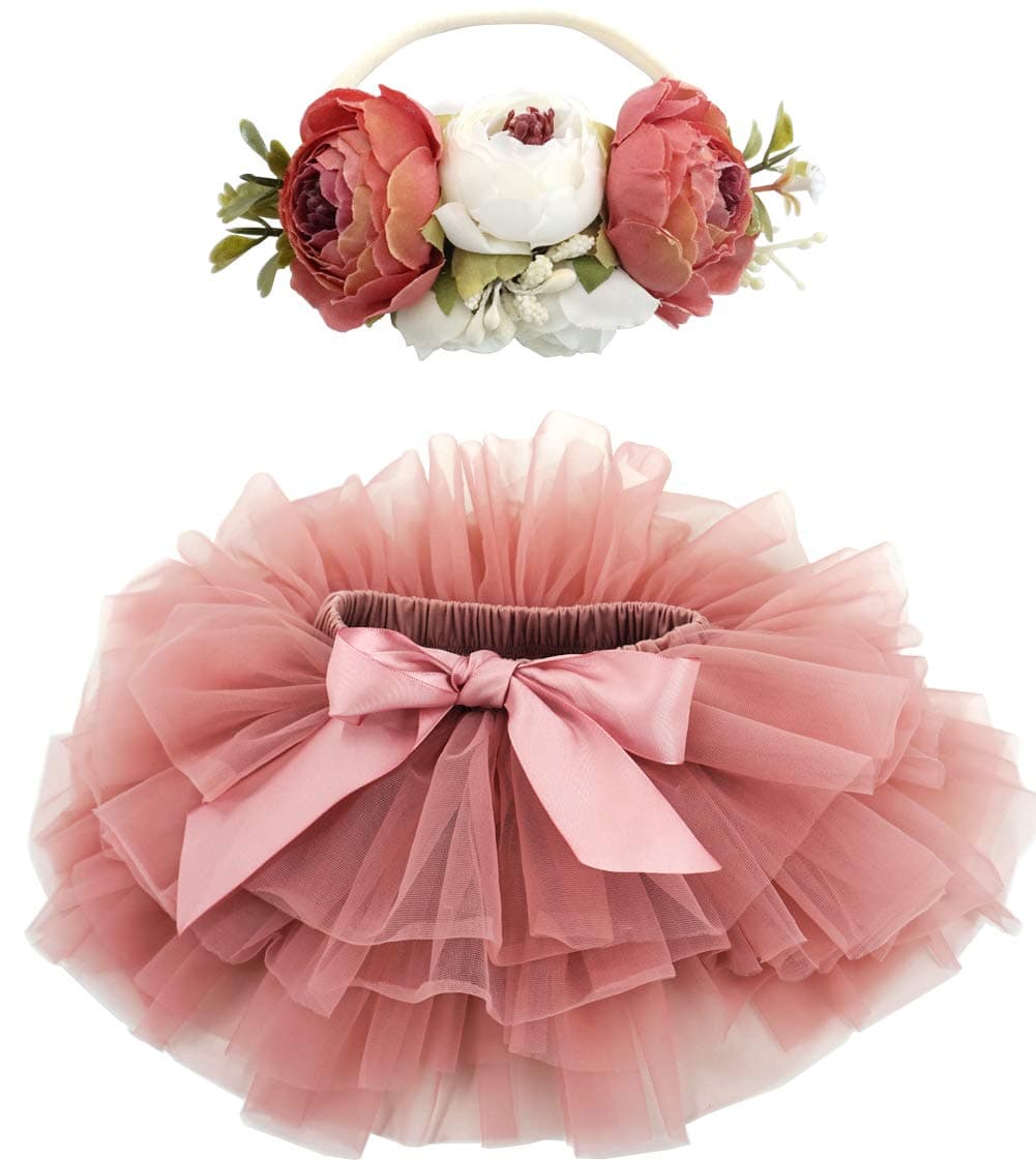 BGFKS Baby Girls Soft Fluffy Tutu Skirt with Diaper Cover,Toddler Girl Tutu Skirt Sets with Flower Headband.