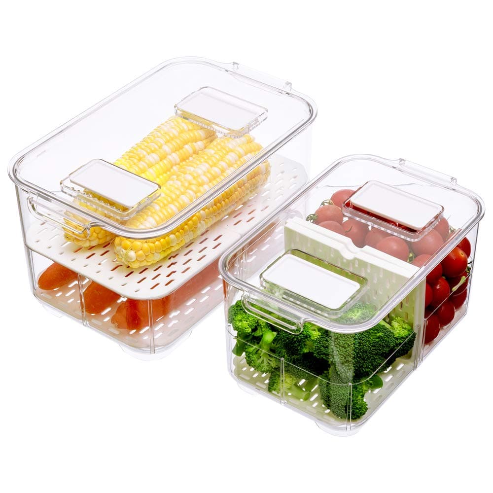 BenzoylProduce Saver Fruit Container, Fridge Food Storage Containers Stackable Refrigerator Organizer Fresh Keeper Foldable lid with Removable Drain Tray for Fruits, Veggie Set of 2