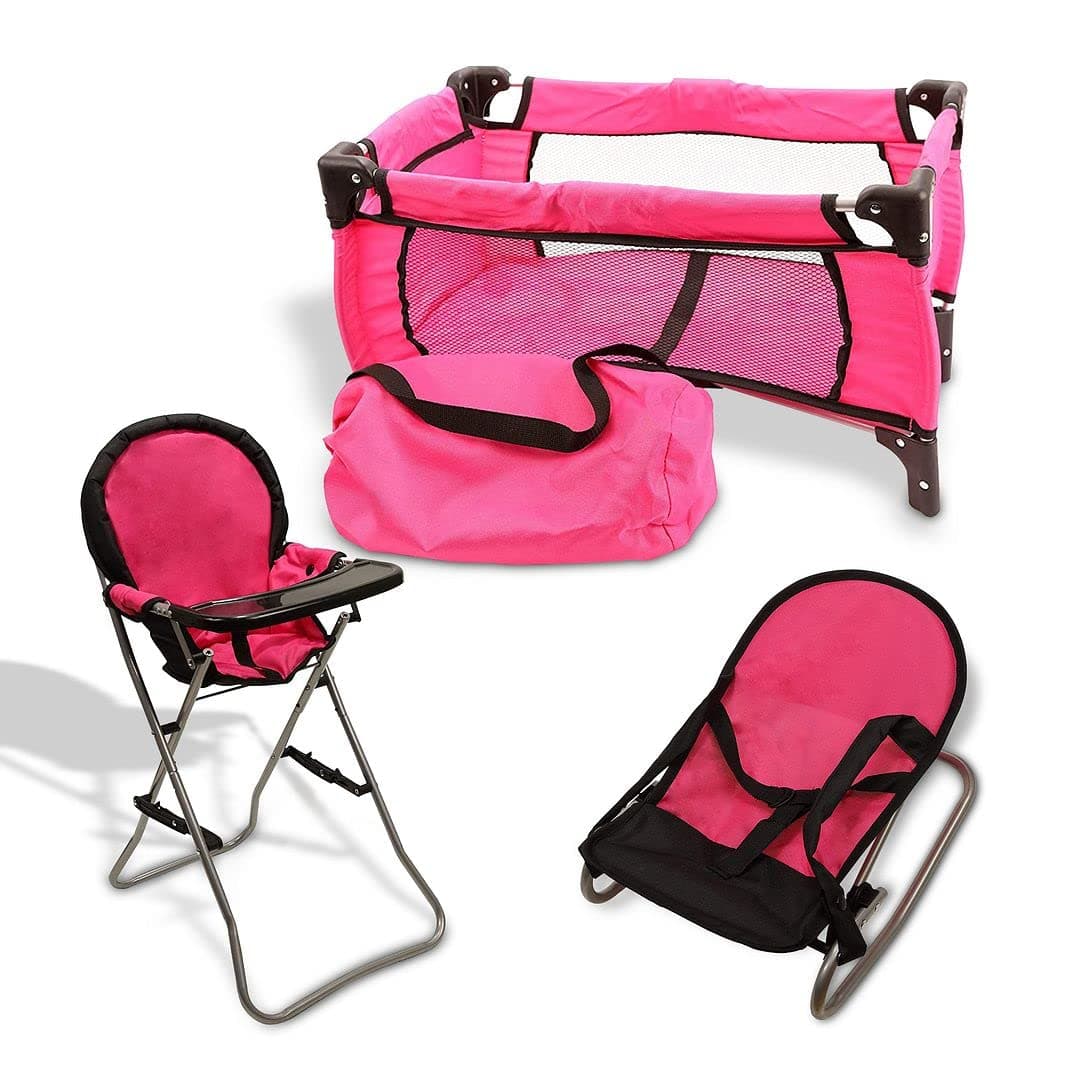 Pink Baby Doll Accessories Set - 3 In 1 Baby Doll Furniture Set with Baby Doll High Chair, Baby Doll Crib, Baby Doll Bouncer Seat, Baby Doll Bed Set for 18” Doll - Play Baby Doll Toys for 18" Dolls