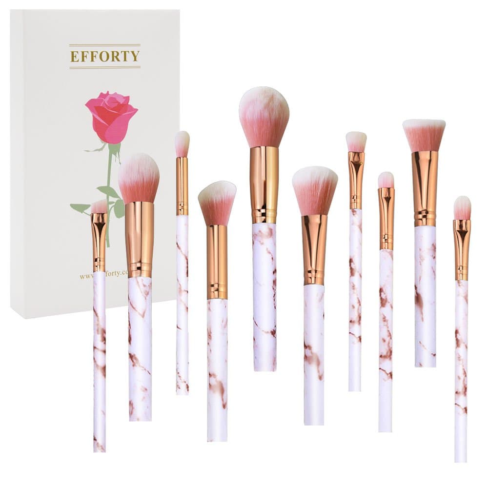 Pink Marble Makeup Brushes with Box; Efforty 11pcs Soft Nylon Bristles Beauty Make Up Kits Face Blush Concealer Eye Lip Cosmetic Tools