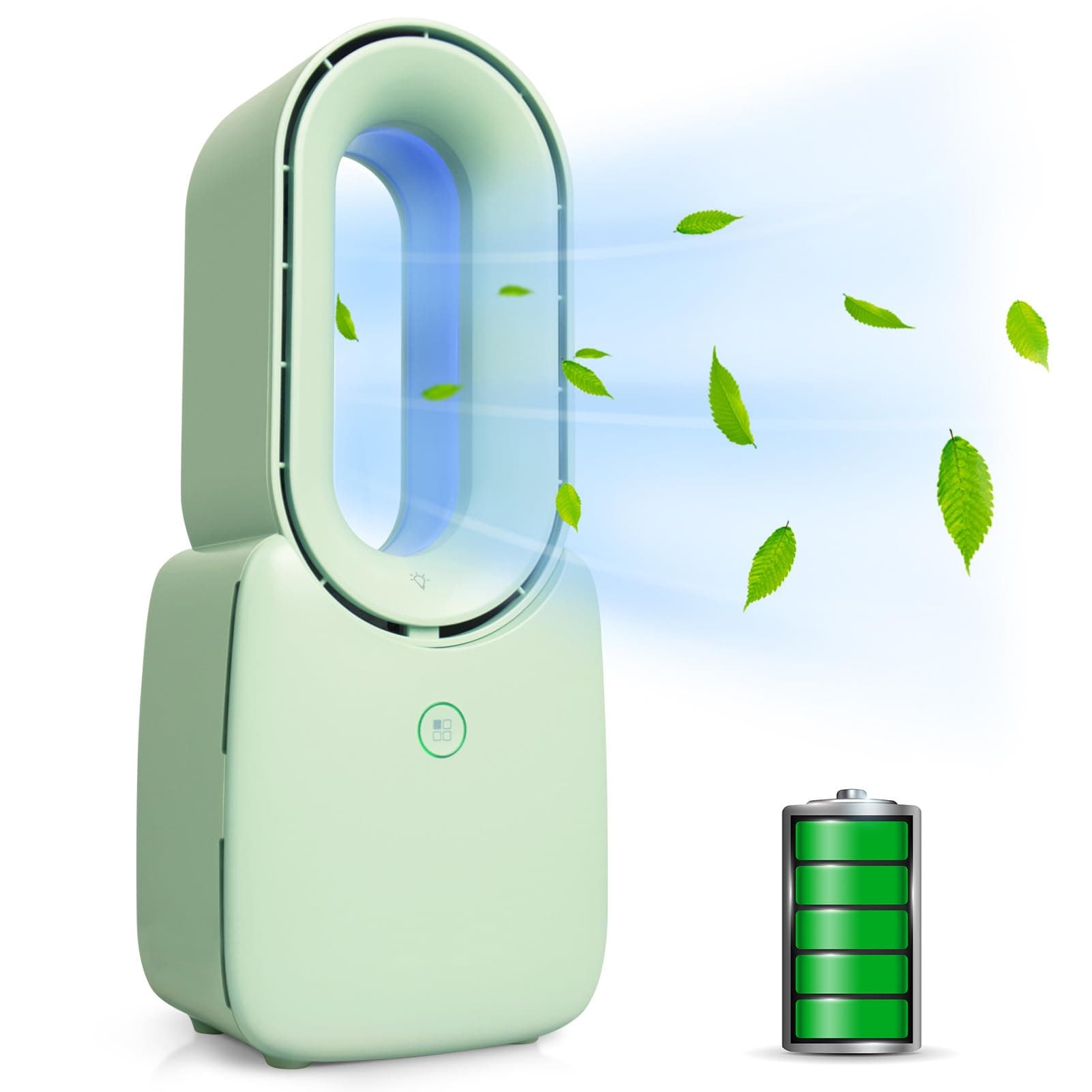 CONBOLA Desk Fan, 11.8 Inch Bladeless Fan Small Table Fan Air Cooler, Portable Rechargeable Breeze Quiet Fan with Touch Control 5-Colors Decorative LED Light for Office Bedroom（Green）