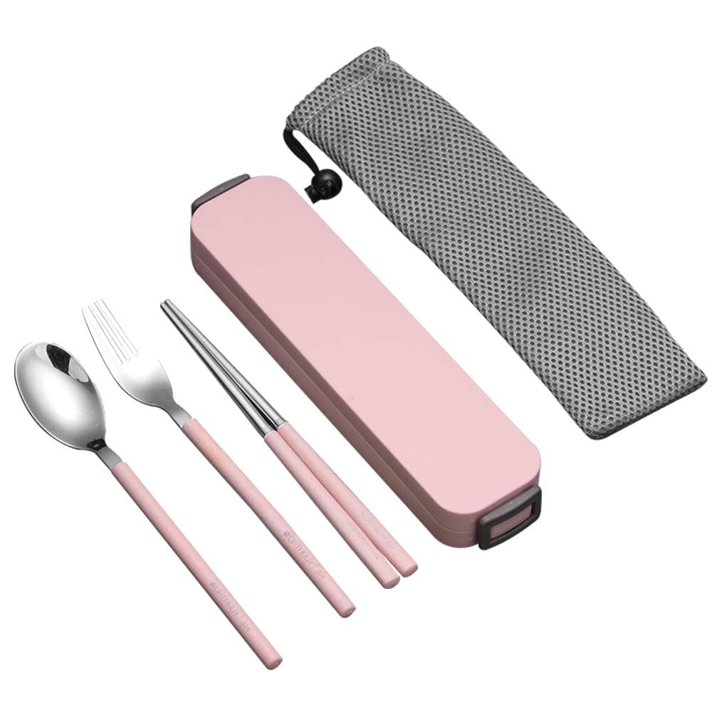 YBOBK HOME Portable Flatware Set with Case Stainless Steel Chopsticks Fork and Spoon Reusable Flatware Set Dishwasher Safe Utensils with Colored Handle for To Go Anywhere (Pink)
