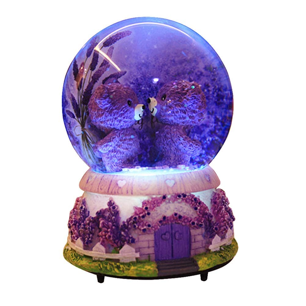 Veigu Night Light Water Globe Snow Globe Crystal Ball Music Box Gift Resin Base (Lavender Bear B)