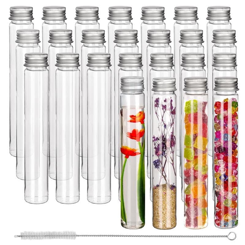 Kurtzy 25 Pack Clear Plastic Test Tubes with Screw Caps & Brush - 110ml Reusable Plastic Tubes for Storage, Test Tube Shots, Candy, Bath Salts & Beads