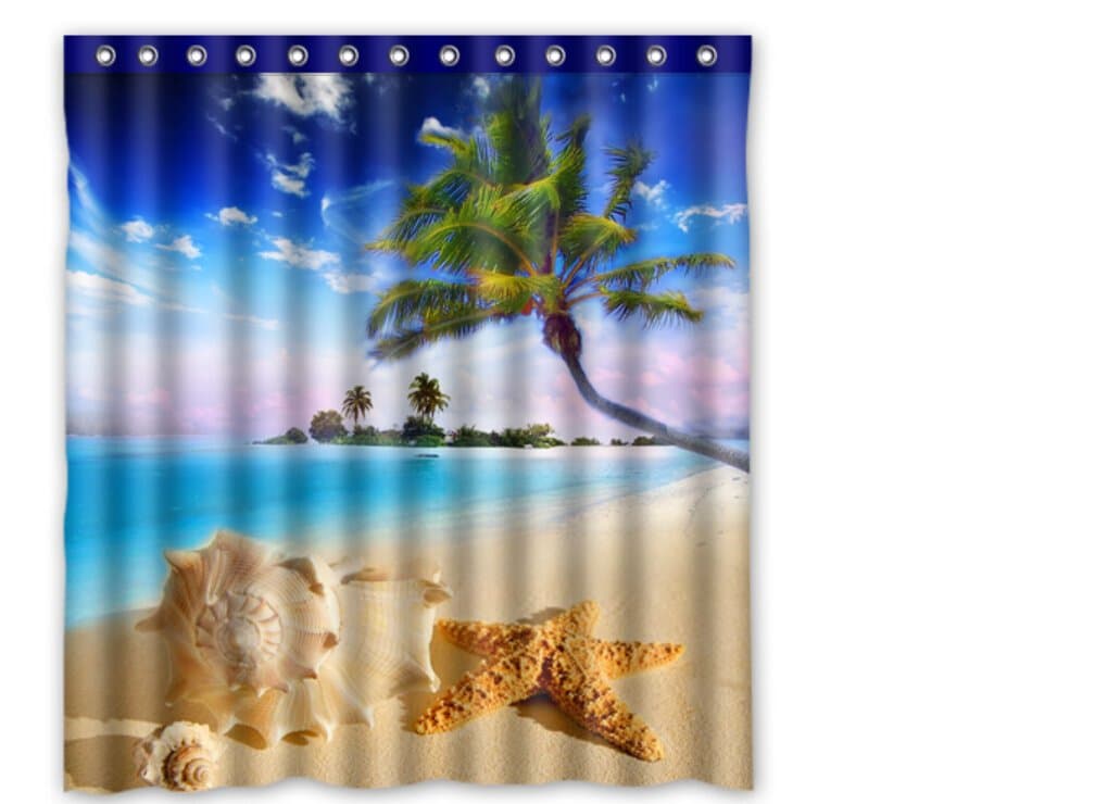 Custom Polyester Shower Curtain 66" x 72" starfish sea star summer beach tropical sea life palm tree conch
