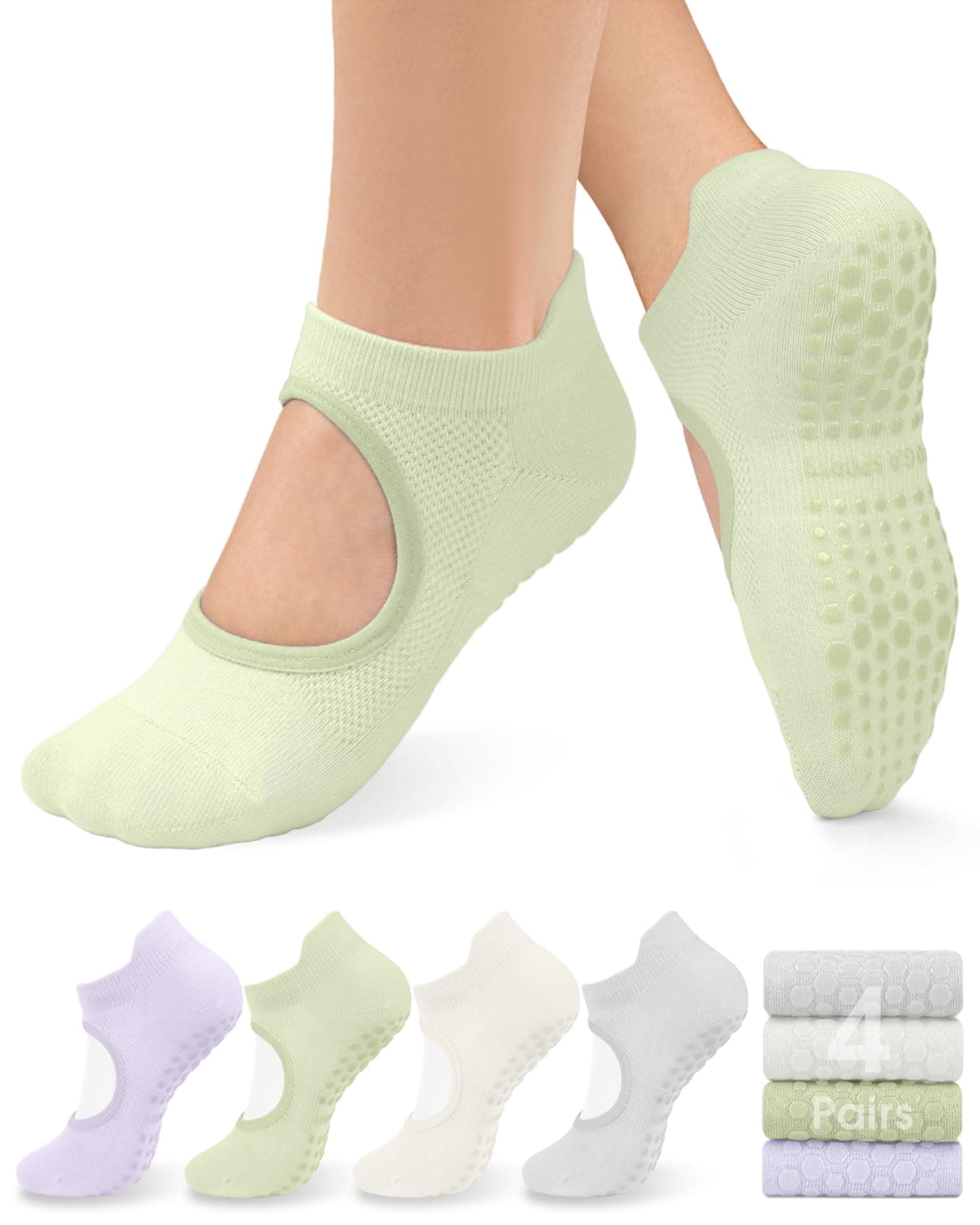 Pilates Socks for Women Non Slip Grip Socks for Yoga, Barre, Hospital, Barefoot Grippy Yoga Sock Womens Gifts 4 Pairs