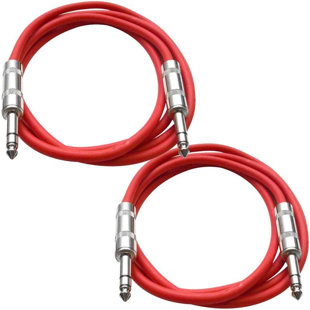 Speakers TRS Male ¼” to TRS Male ¼” Patch Cable, 6 Foot Balanced Cord, Pack of 2, Red