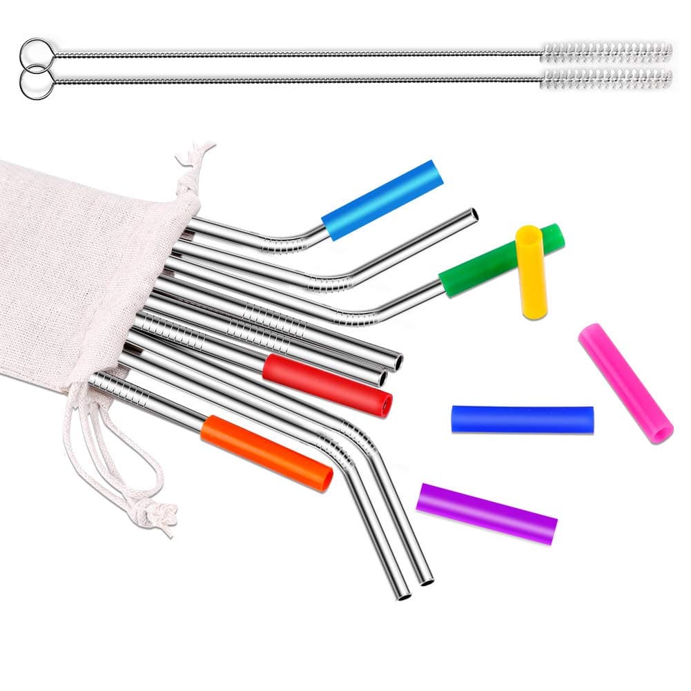 Stainless Steel Straws, Reusable Drinking Metal Straw with 2 Cleaning Brushes and Detachable Silicone Tips for Hot and Cold Drinks Eco Friendly Straws Ideal for Party and Home Travel, Set of 8