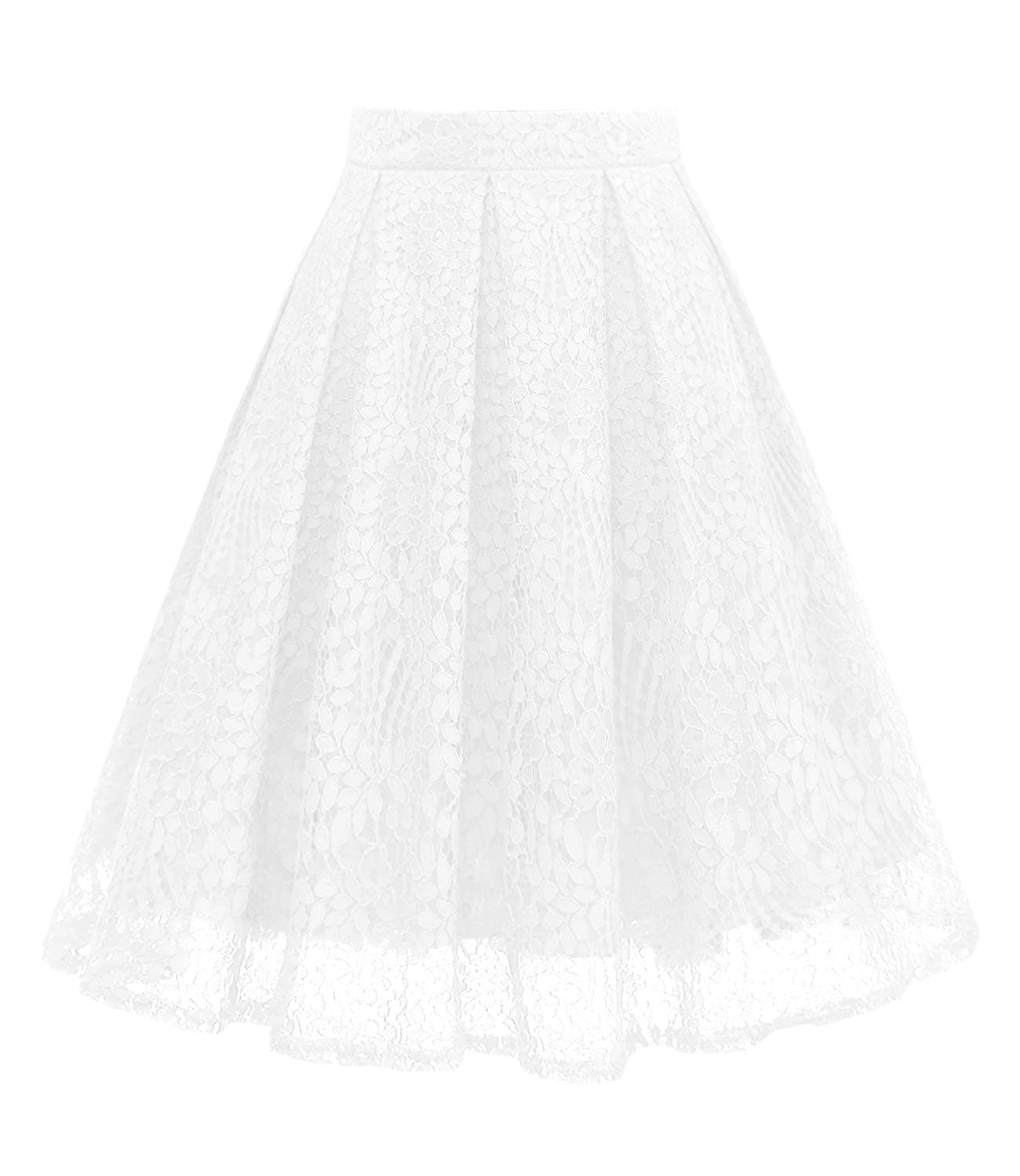 Girstunm Women High Waist Pleated A-Line Knee Length Lace Pockets Skirt
