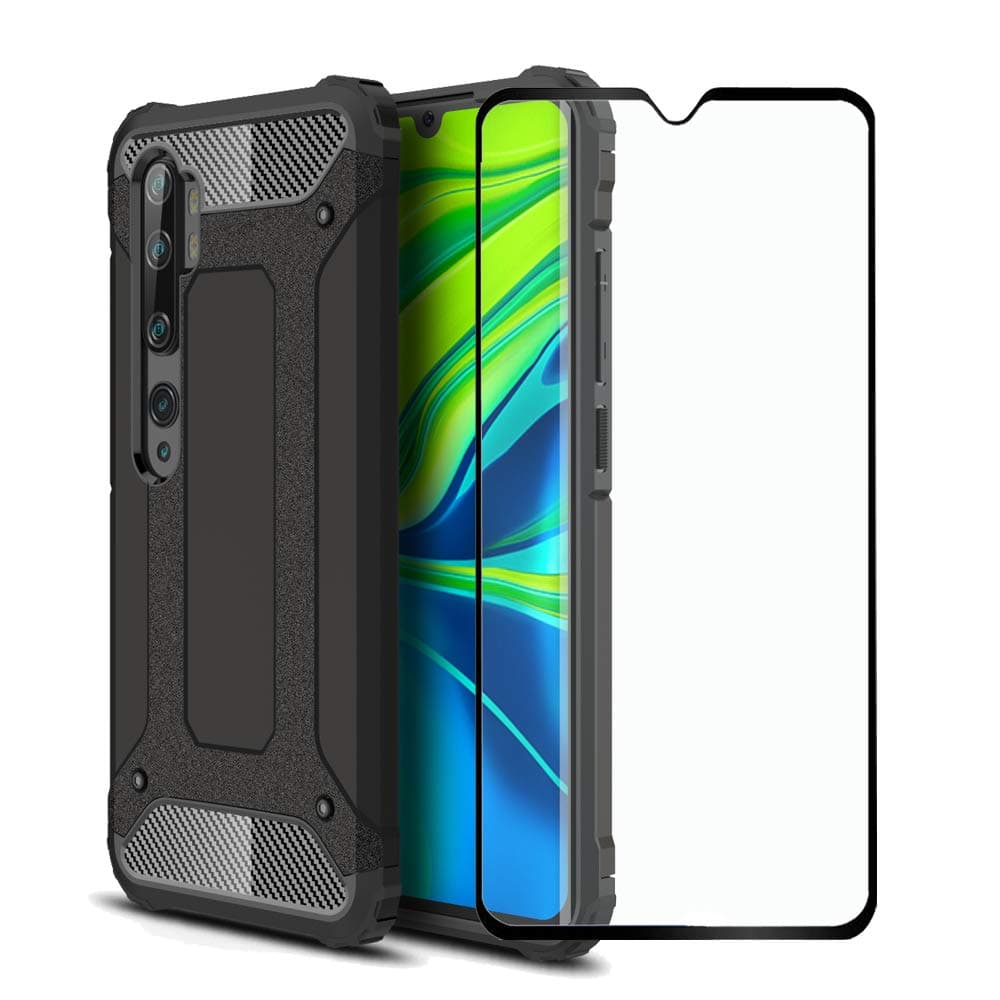 for Xiaomi Mi Note 10 / Xiaomi Mi CC9 Pro Case, 2 in 1 Shockproof Hybrid Dual Layer Heavy Duty Protective Cover with Tempered Glass Screen Protector (Black)