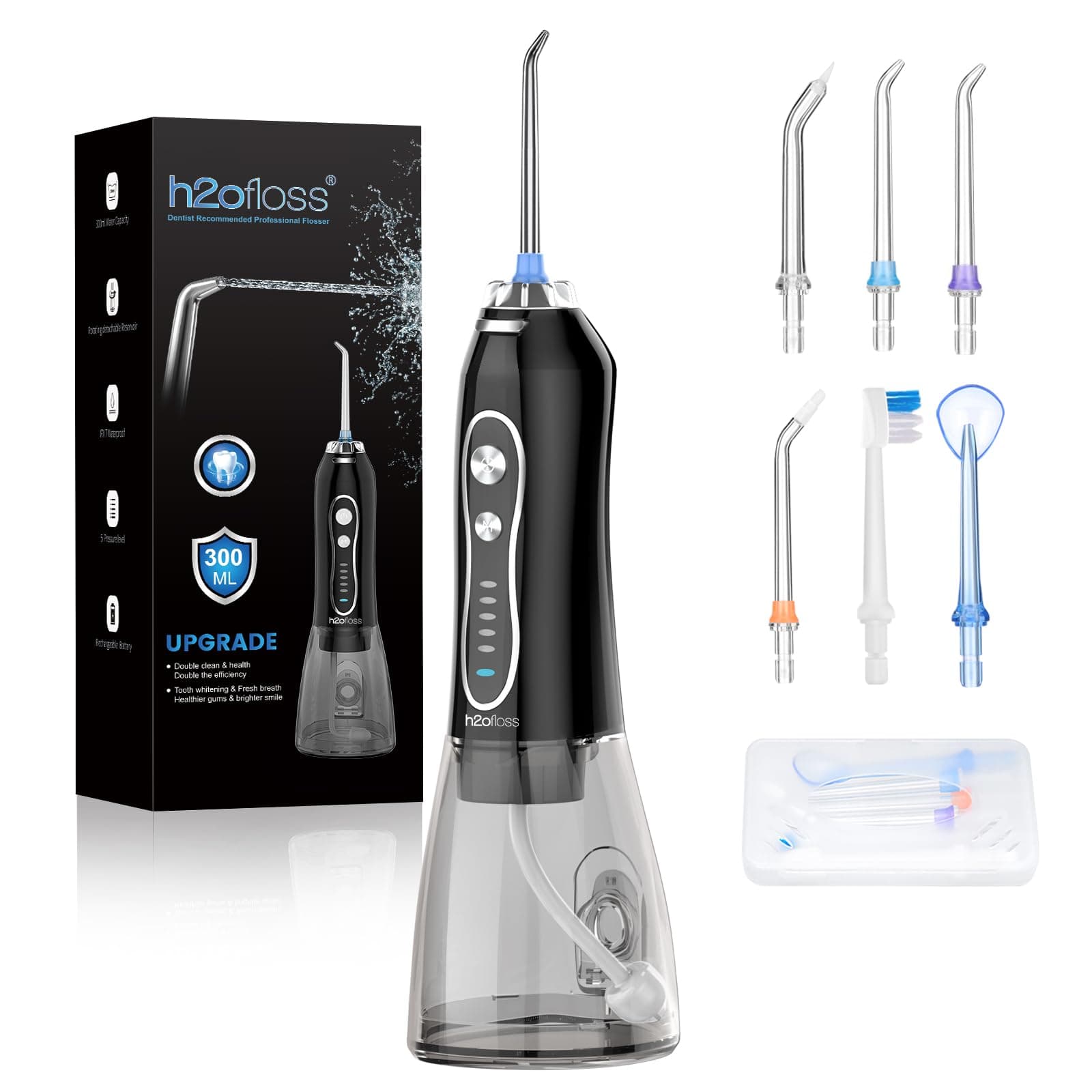 H2ofloss Water Dental Flosser Teeth Pick -Portable Oral Irrigator with 5 Modes, Rechargeable IPX7 Waterproof Orthodontic Teeth Cleaner Pick Cordless for Home Travel-300ml Water Tank