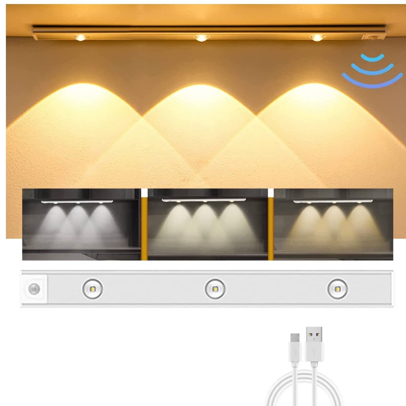 UTech LED Closet Light, Motion Sensor Under Cabinet Lights, Under-Counter Lighting, 3 Colors Rechargeable Dimmable Wireless, Magnetic Light Kitchen Night Lights for Wardrobe, Kitchen (40cm)