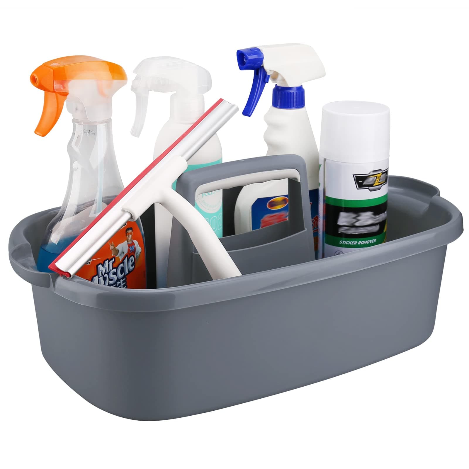 Cleaning Supplies Caddy, Household Tools Organizer with Handle, Large Plastic Bucket, Portable Shower Basket Tote, Gray