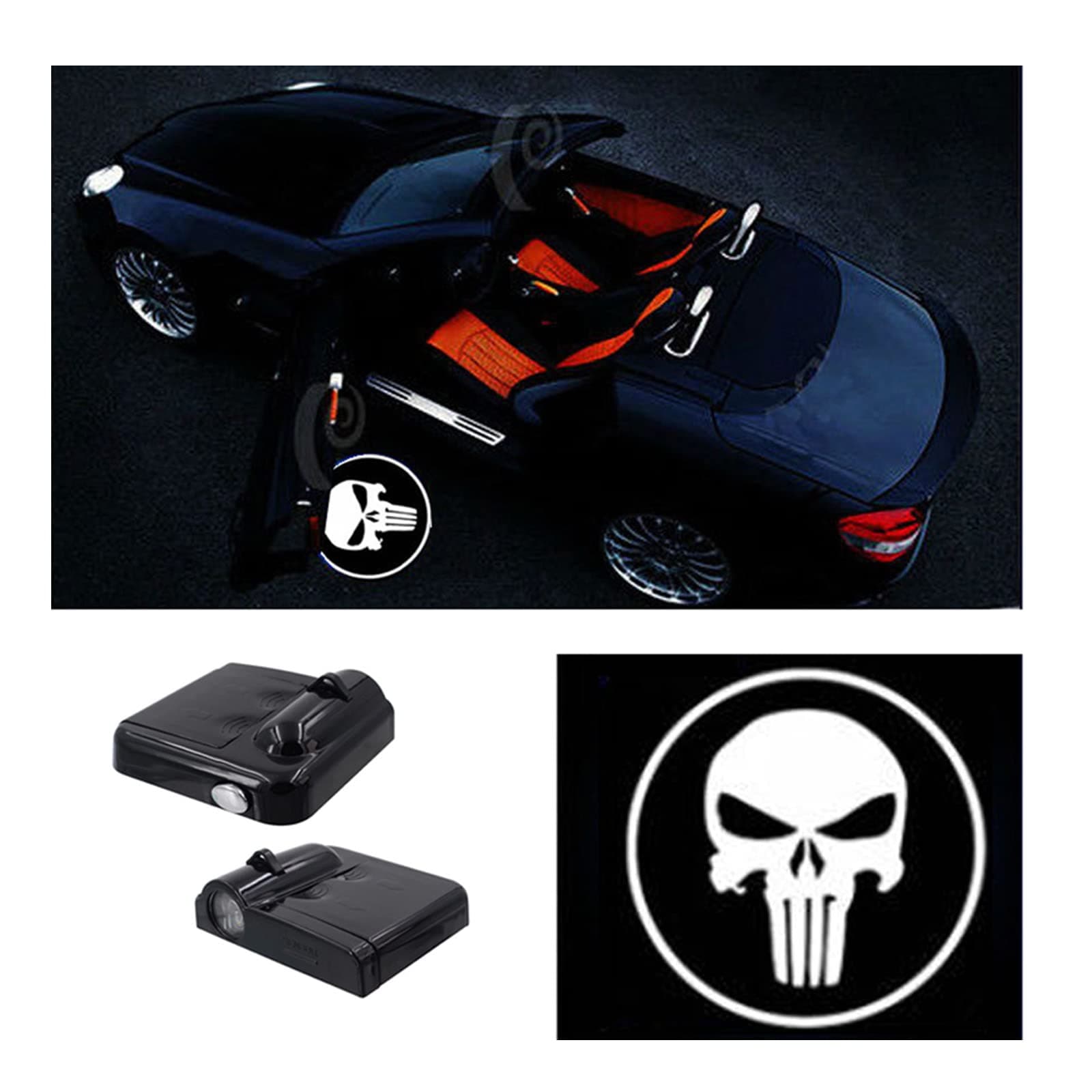 Premium Car Door Light 2 Pcs Easy Installed Welcome Laser Projector Pastable Led Logo Light Holeless Magnet Sensor Ghost Shadow Lamp Logos (Skull)