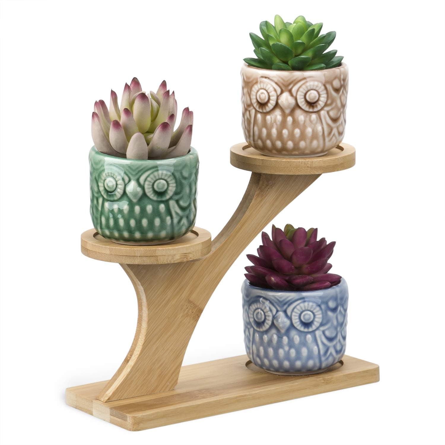 OUSHINAN Mini White Ceramic Owl Garden Pots Decorative Nursery Succulent Planters with 3- Tier Bamboo Tray for Room Decor (3 Owl Pots in 1 Treetop Bamboo Stands)