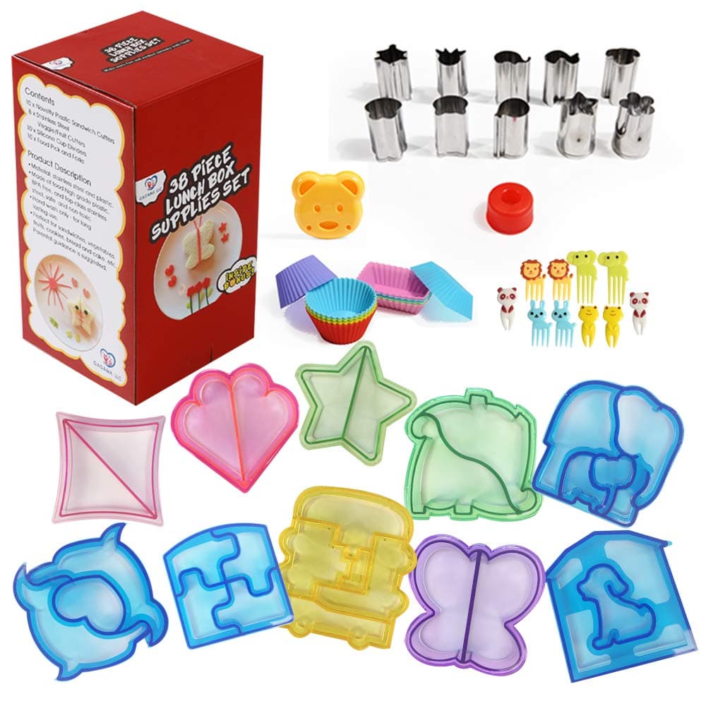 1 Set=38 Pieces+3 Bonus,Lunch Box Supplies,10 Sandwich Cutters for Kids, 10 Stainless steel vegetable cutters,10 Silicone Cup Dividers,10 Food Picks, 1 Bear Stamp