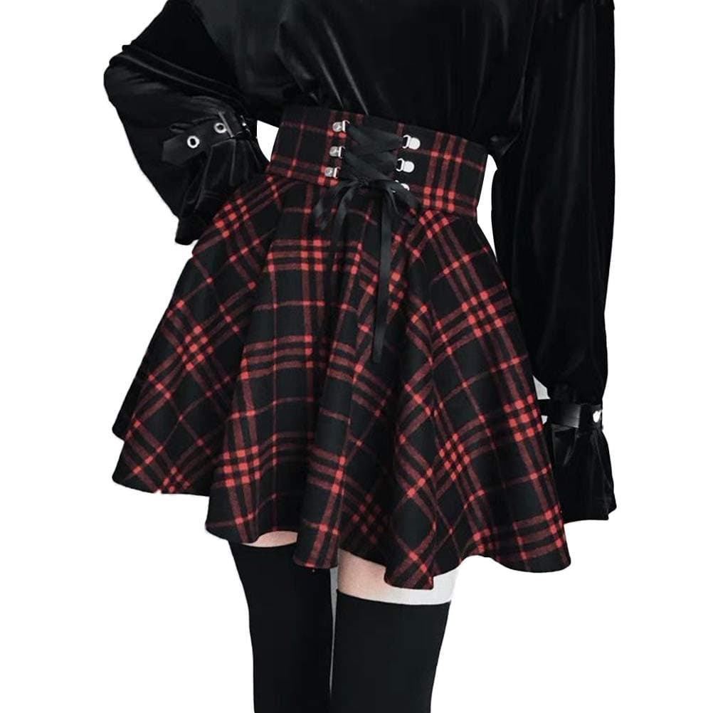 XIANGLIOODWomen's Plaid A-line High Waist Flare Pleated Short Mini Black Red Skirt Dress