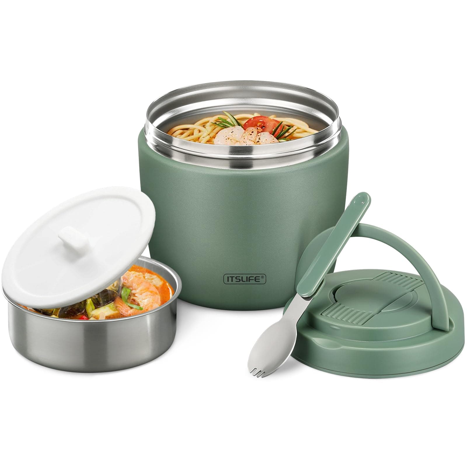 Soup Thermo for Hot Food Insulated Food Jar 32oz, Vacuum Insulated Stainless Steel Lunch Container - Wide Mouth Thermo for Soup & Food, Insulated lunch box Leakproof Bento Box with Spoon (Green)