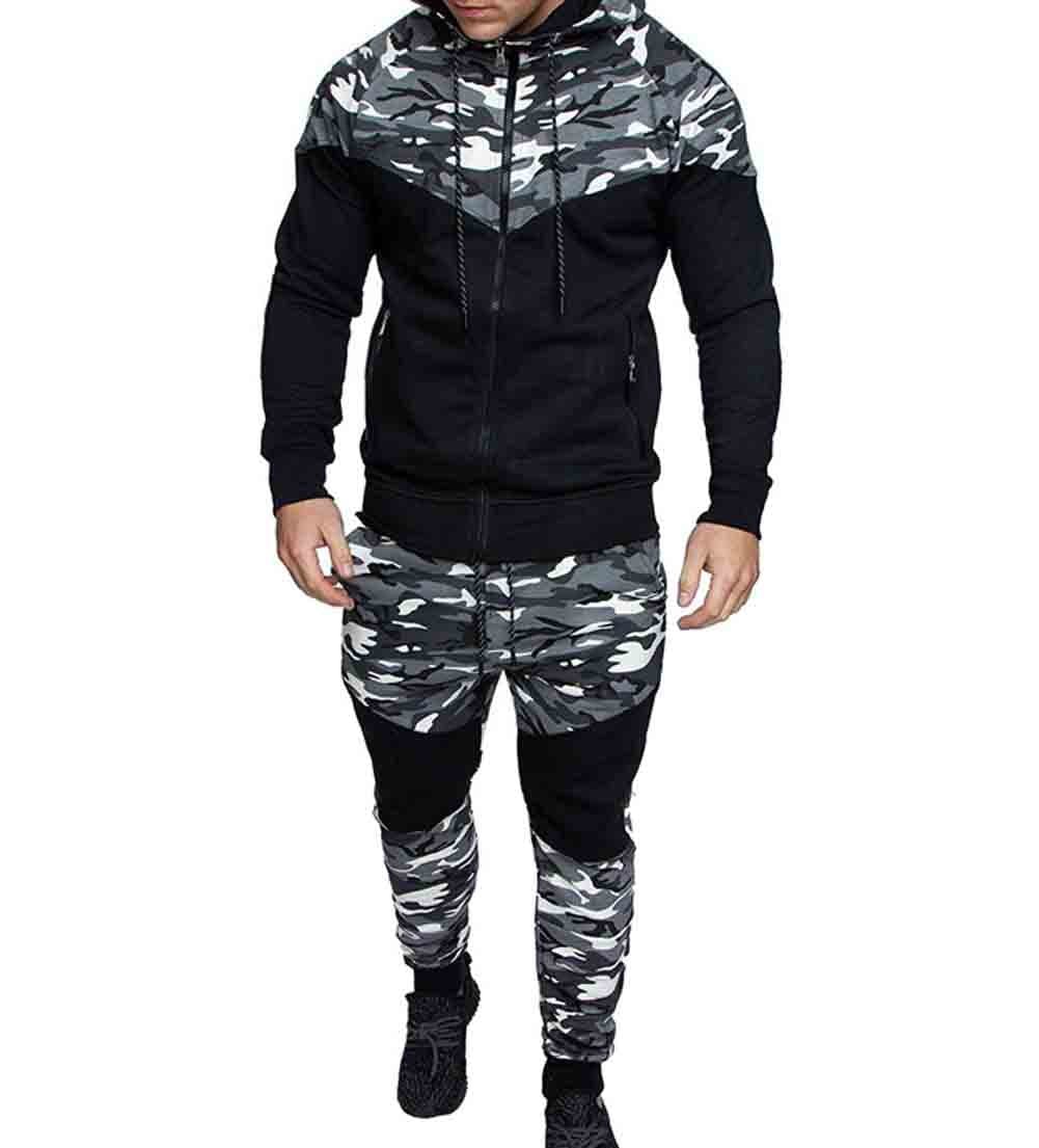 Men's Tracksuit Set Camouflage Sweatshirt Jogger Sweatpants Solid Patchwork Warm Sports Suit
