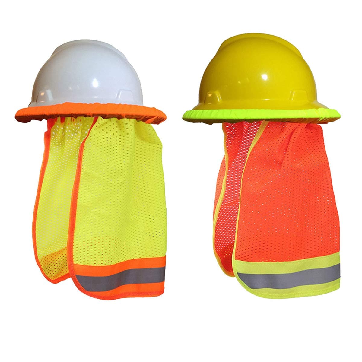 EXBOM 2 Pack Summer Sun Shade Hard Hat Mesh Neck Shield with Safety High Visibility Reflective Stripe, Yellow, Orange（Hard Hat NOT Included）