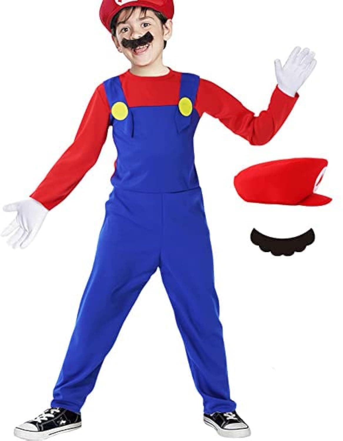 Super Brother Costume for Kids-Mario Costume Halloween Kids Cosplay Jumpsuit with Accessory