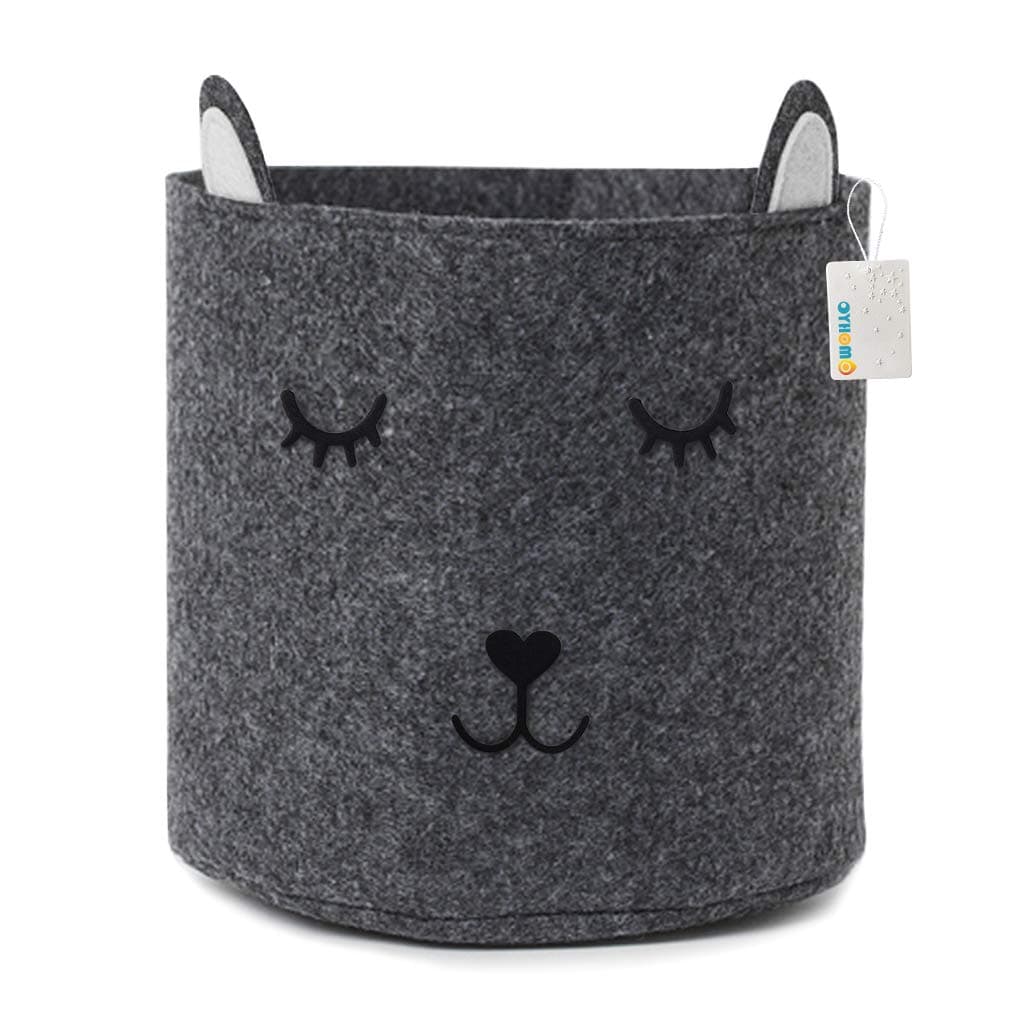 OYHOMO Felt Laundry Basket Collapsible Children's Storage Basket Nursery Storage Bin Cute Cat Hamper for Kids Toys, Clothes, Towels - Grey