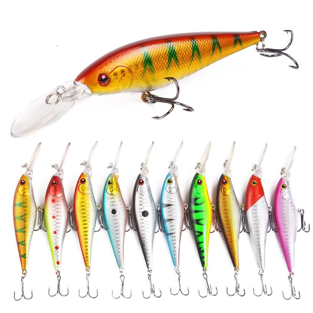 Arabest 10Pcs Fishing Lures - Crank Bait Set, Deep Diving Wobblers Artificial Baits with 3D Eyes, Bass Lures for Freshwater and Saltwater Fishing