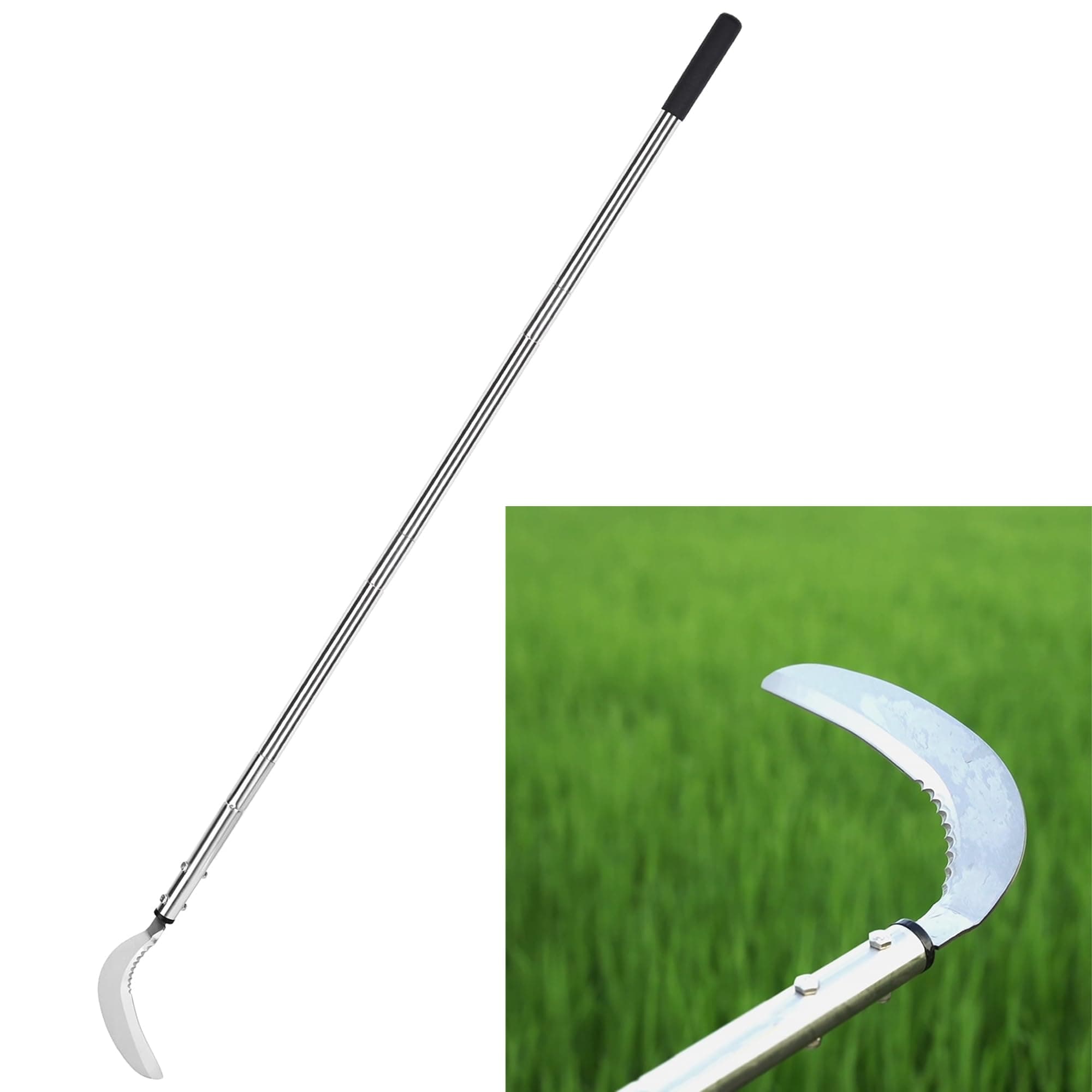 Weeding Sickle, Steel Grass Sickle with Serrated Double-Edged Blade, Telescoping Grass Whip, Stand up Weeding Grass Sickle, Lightweight Sickle Garden Tool Long Handle for Garden, Yard