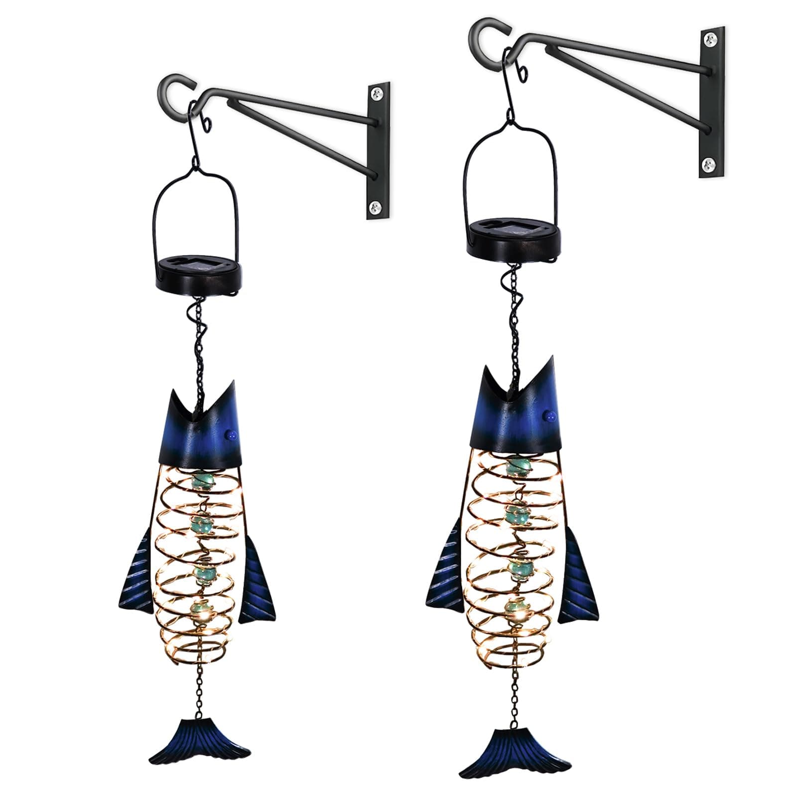 HONGLAND Patio Deals, Solar Lanterns Outdoor Waterproof, 2 Pack Metal Fish Lantern with Warm White LED Lights for Garden, Yard, Gifts for Fishermen & Holiday Decor