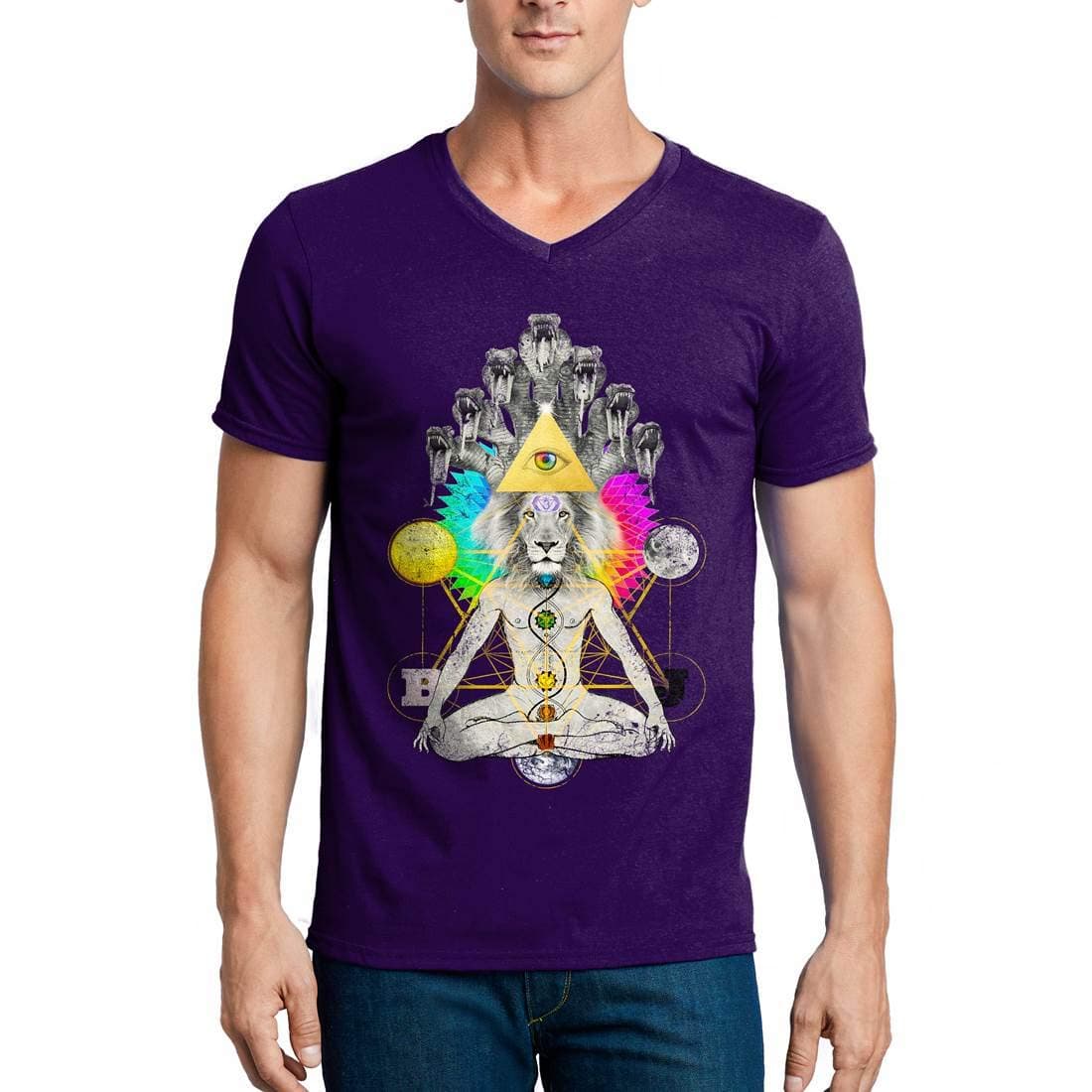 A932MVNTP Mens V-Neck T-Shirt to Soma Heliakon Illuminati Tiger Head Religion God Abstract Triangle Conspiracy Theory