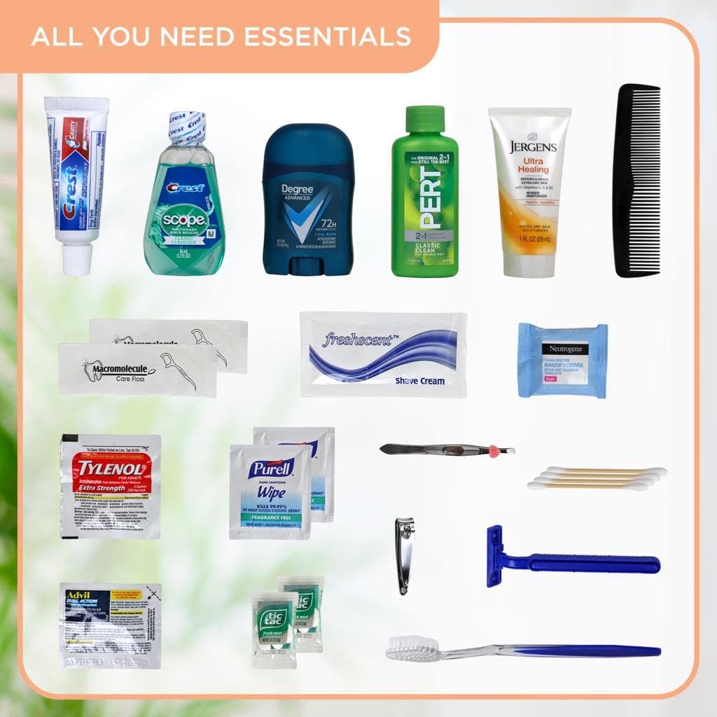 Asom Toiletry Travel Kit - 20 Piece TSA Approved Personal Care & Hygiene Essentials Set for Men & Women, Pre-Filled Convenience for Travel, Airplane Carry-On Ready