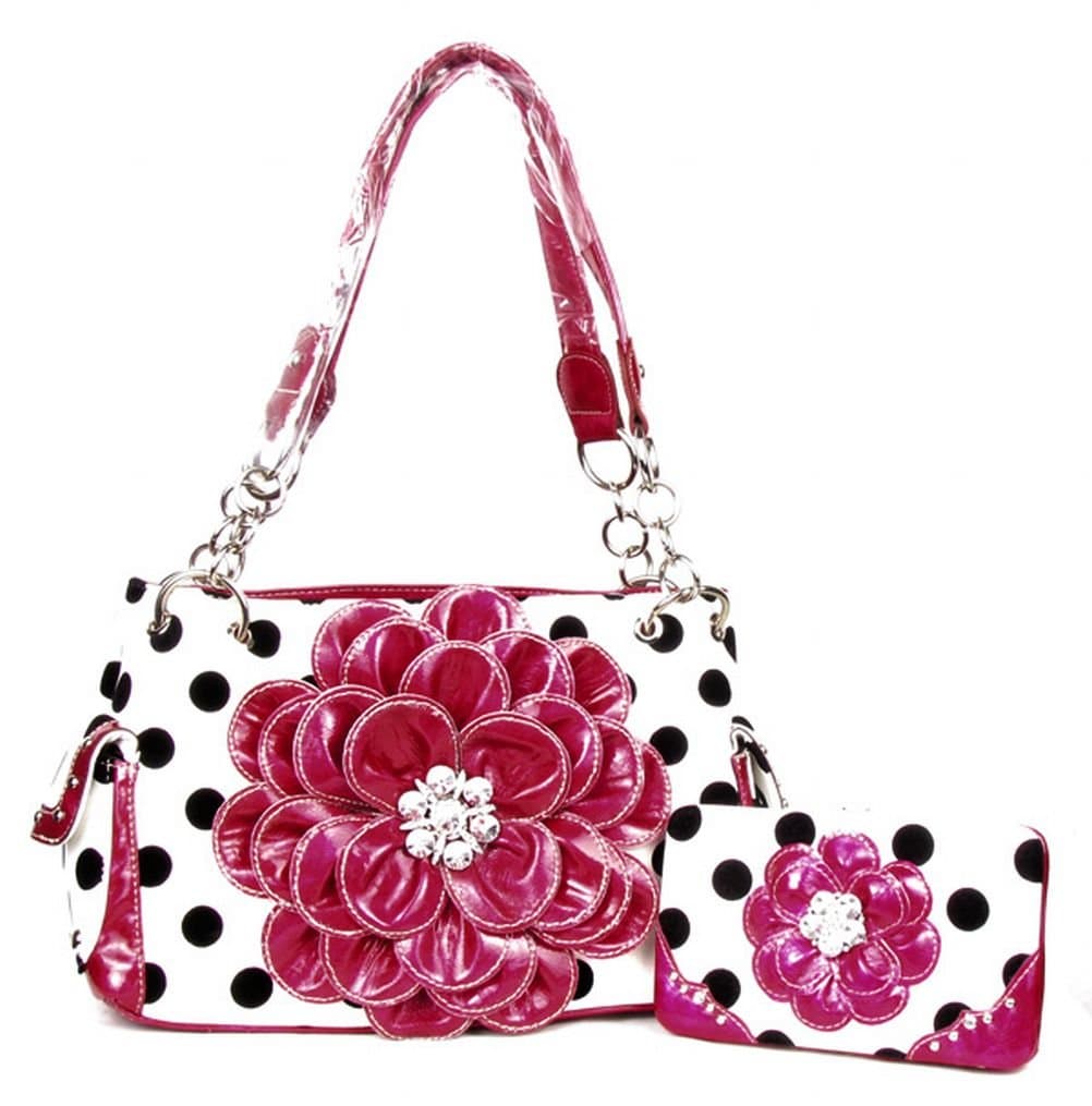 Polka Dots Rhinestone 3D Flower Handbag Purse with Matching Wallet Free Bracelet