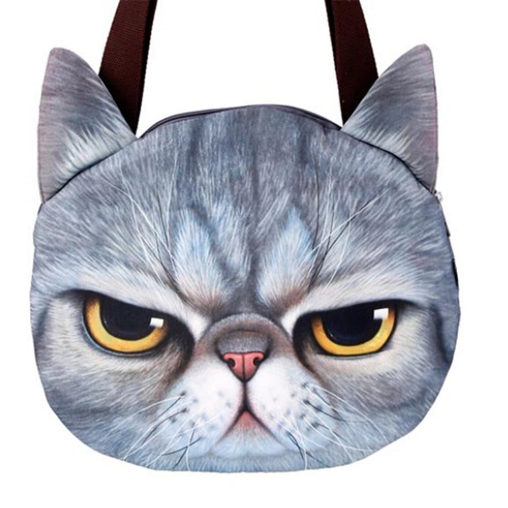 Speaking Life-fashion Meow Star 3d Cat Face Zipper Handbag Single Shoulder Bag, Canvas-dark Grey