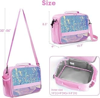 Kids Lunch Box Insulated Kids Lunch Bag,Lunch Box for Girls with Strap and Bottle Holder,Lunch Box for Kids, Toddler Lunch Box with Zipper-Pockets,Girls lunch box Keep Food Cold&Warm for Long Time