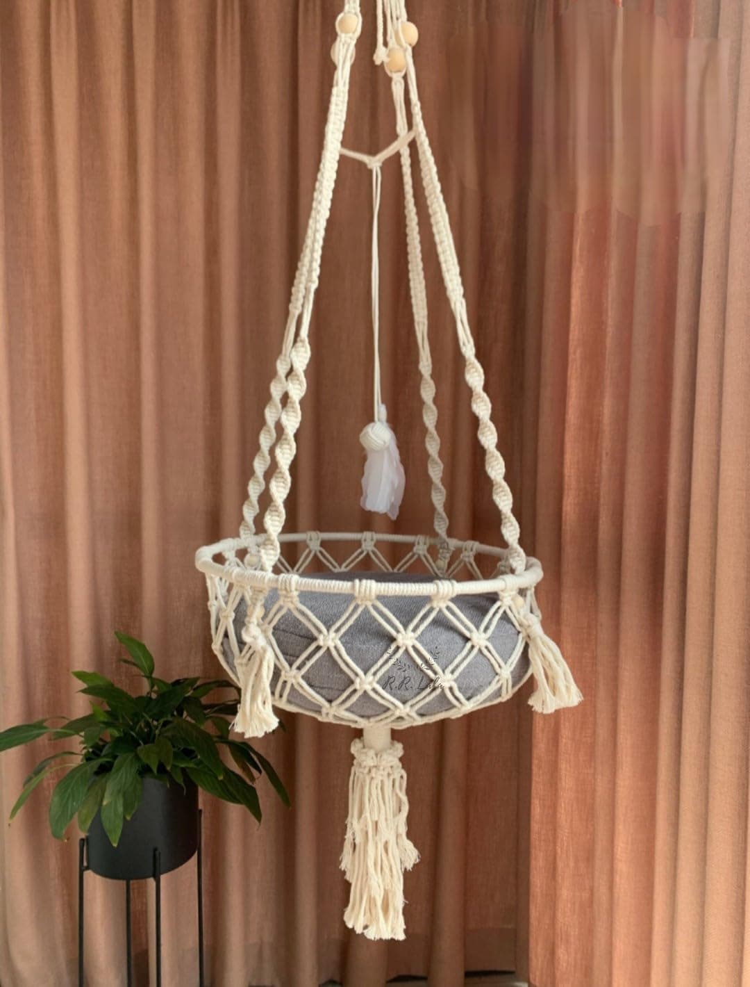 Hanging Cat Bed Tree Macrame Hammock Wall Furniture Swing Crochet Cave Without Any Pillow - Color: Off White