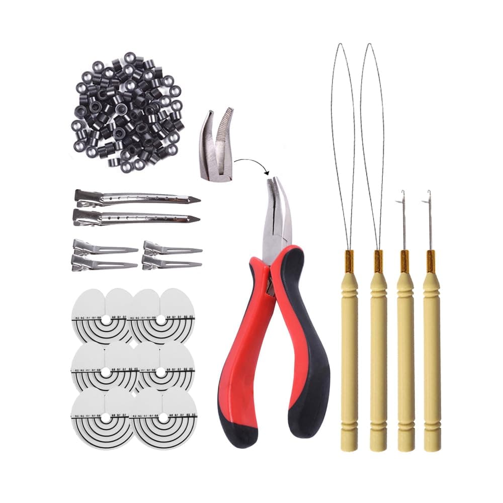 200pcs Micro Silicone Rings Hair Extensions Kit I-tip Hair Extension Pliers Micro Pulling Hook Needle Loop Threader and Micro Silicone Links (Black)