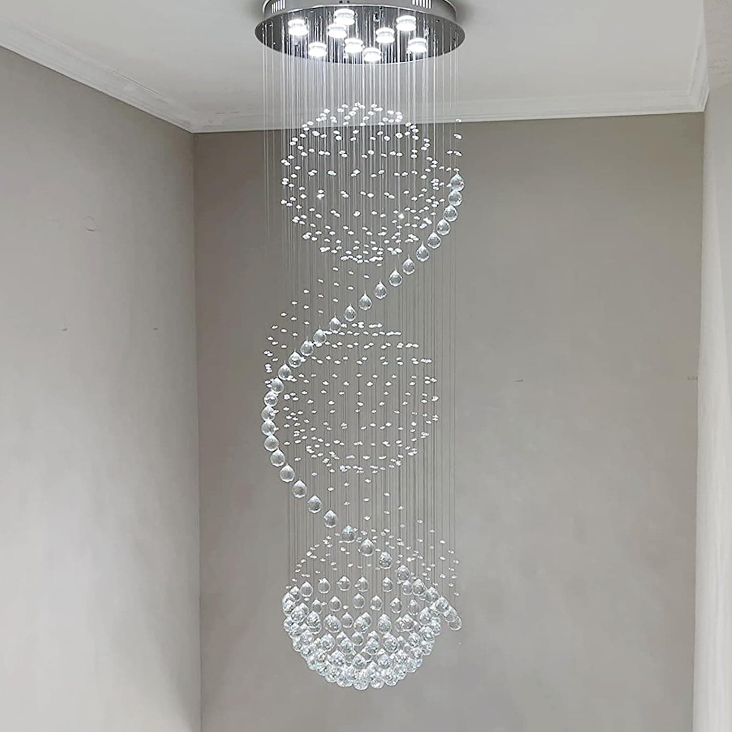79-in High Ceiling 9-Light Contemporary Raindrop Crystal Chandelier for Lobby, Hallway, Entryway, Stairs, 20" Wide, Chrome Finish, Installation Video Available