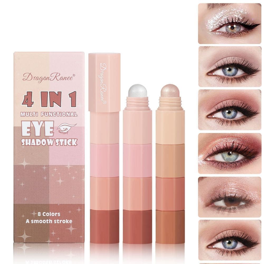 Unyoke 4-in-1 eye shadow pen waterproof non-smudge high-gloss silkworm pen pearlescent four-section eye shadow stick set,Glitter Eyeshadow Eyeliner, Korean Makeup, Teardrop, Shimmer Metallic(#A+#B)