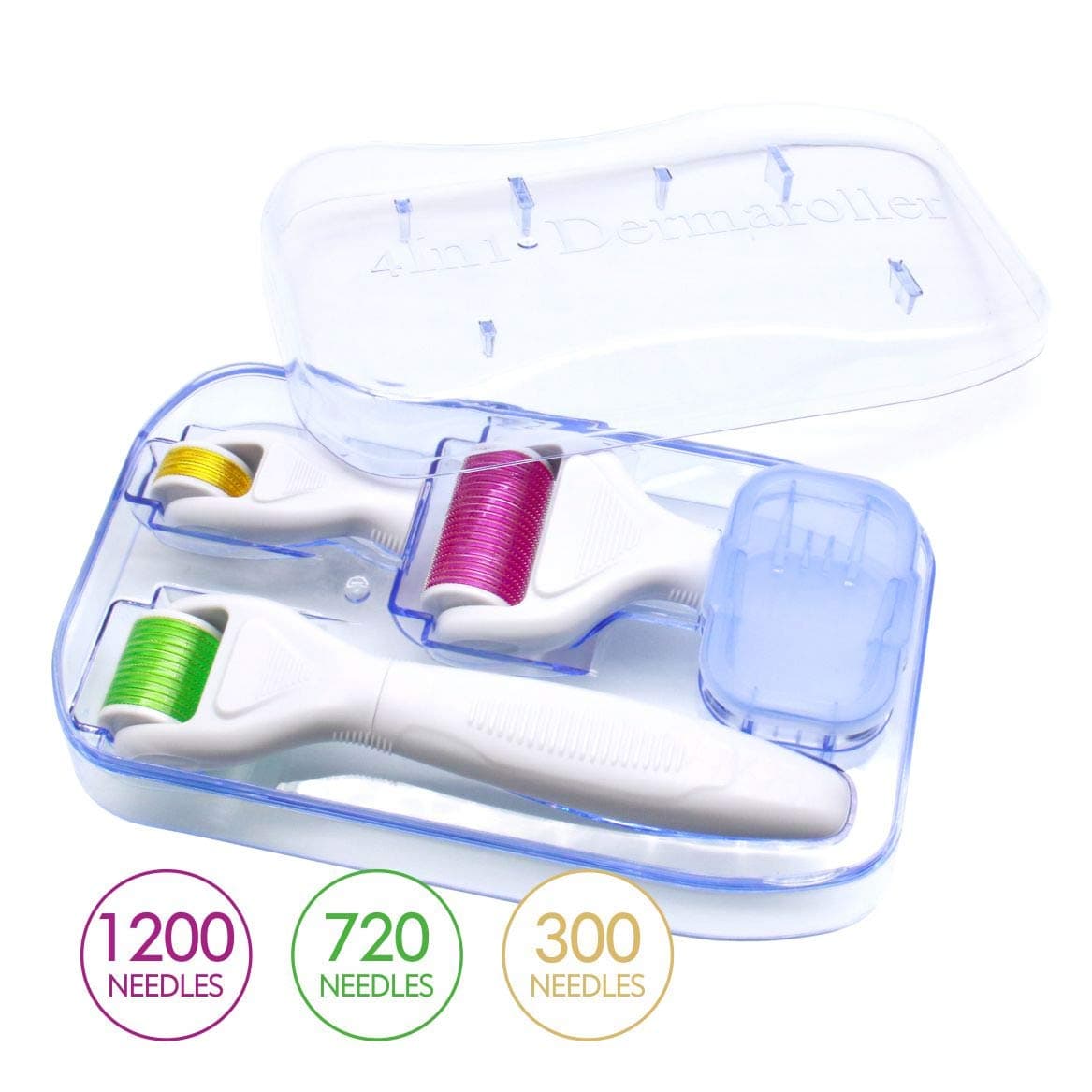4 In 1 Derma Roller Kit - Micro Needle Roller-3 Replaceable Heads 1200 Needles 0.3mm, 720 Needles 0.25mm, 300 Needles 0.25mm