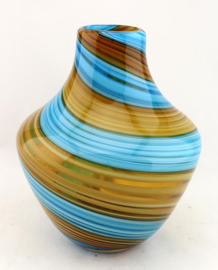 9" Hand Blown Glass Murano Art Style Vase Bottle Blue Brown Teardrop Italian Stripe