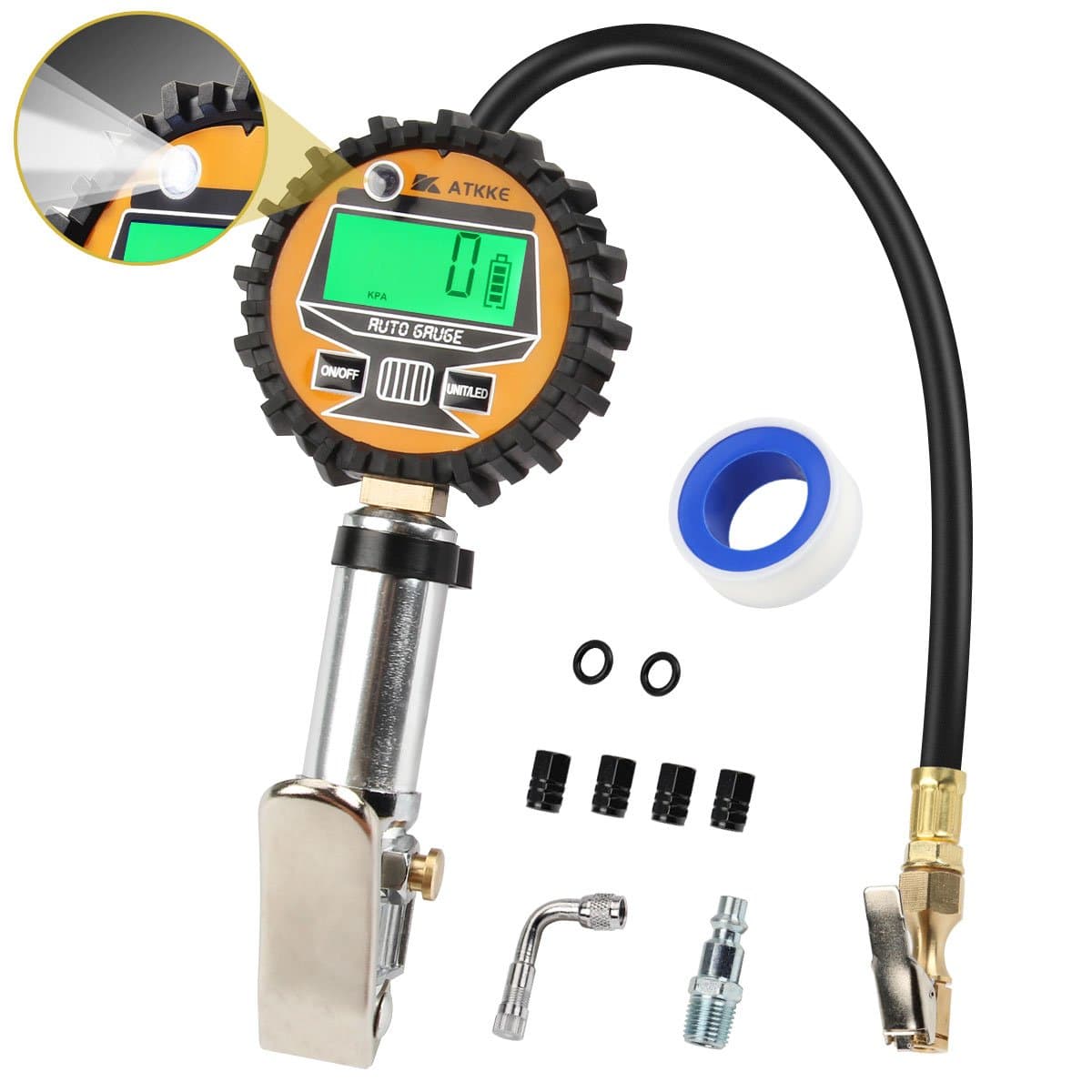 Tire Inflator with Tire Pressure Gauge, ATKKE Inflation Gun with Air Pressure Gauge (200 psi) Compressor Accessories Heavy Duty LED Display and Flashlight with Rubber Hose with Air Chuck, Valve Extend