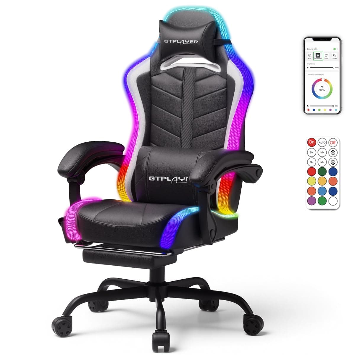 GTPLAYER Gaming Chair, Computer Chair with RGB LED Lights, High Back Ergonomic Chair for Adults with Footrest and Linkage Armrests& Headrest Lumbar Support (Without Bluetooth Speakers)