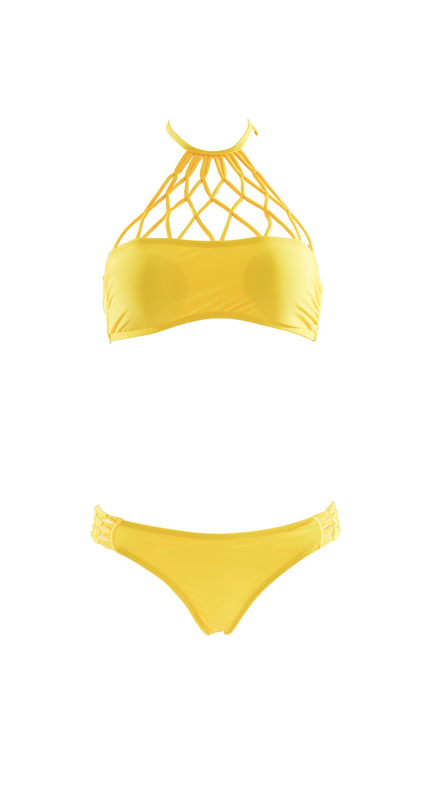 Women's Sexy Plain Wire Free High Leg Color Block Triangle Bralette Bikini from, Net Structure Yellow, M