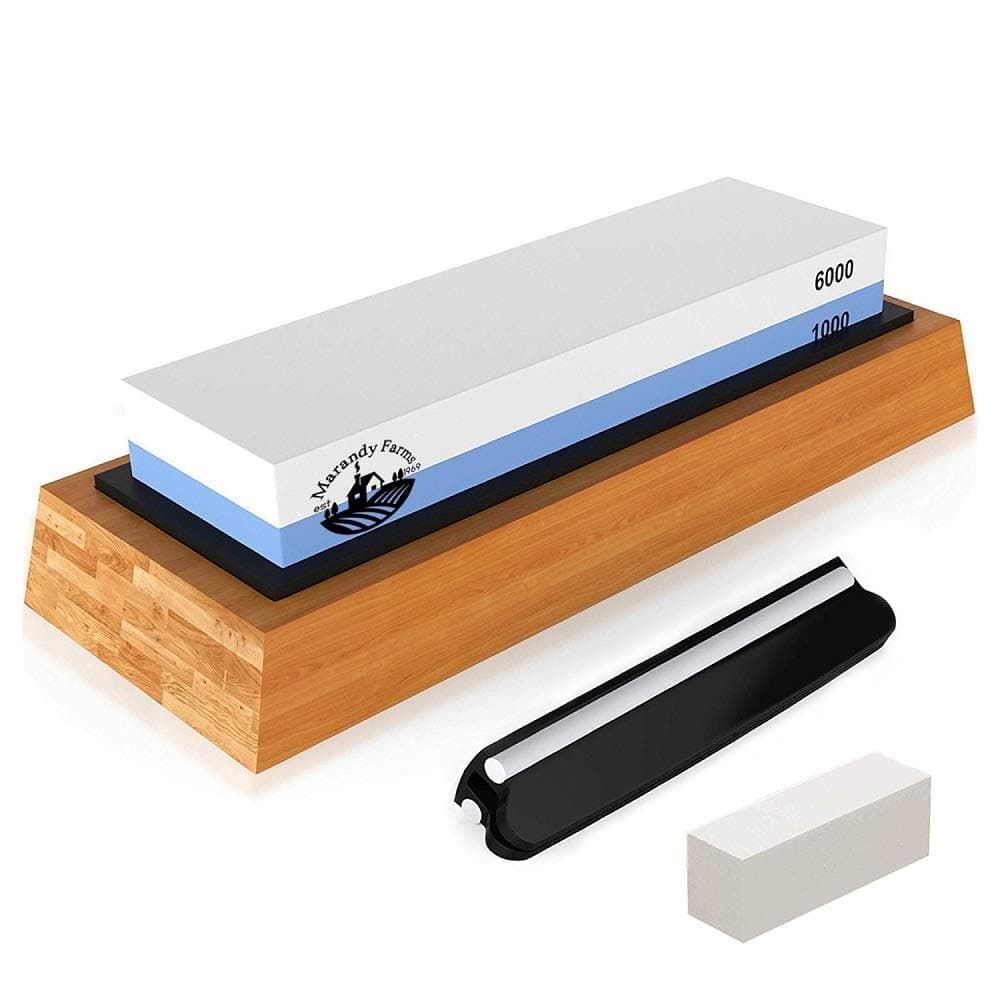 Whetstone Knife Sharpening Stone - 2 Sided Professional Waterstone - Kit + Accessories - 1000/6000 Grit - Nonslip Bamboo Base + Ceramic Angle Guide, Flattening Stone & Video Instruction